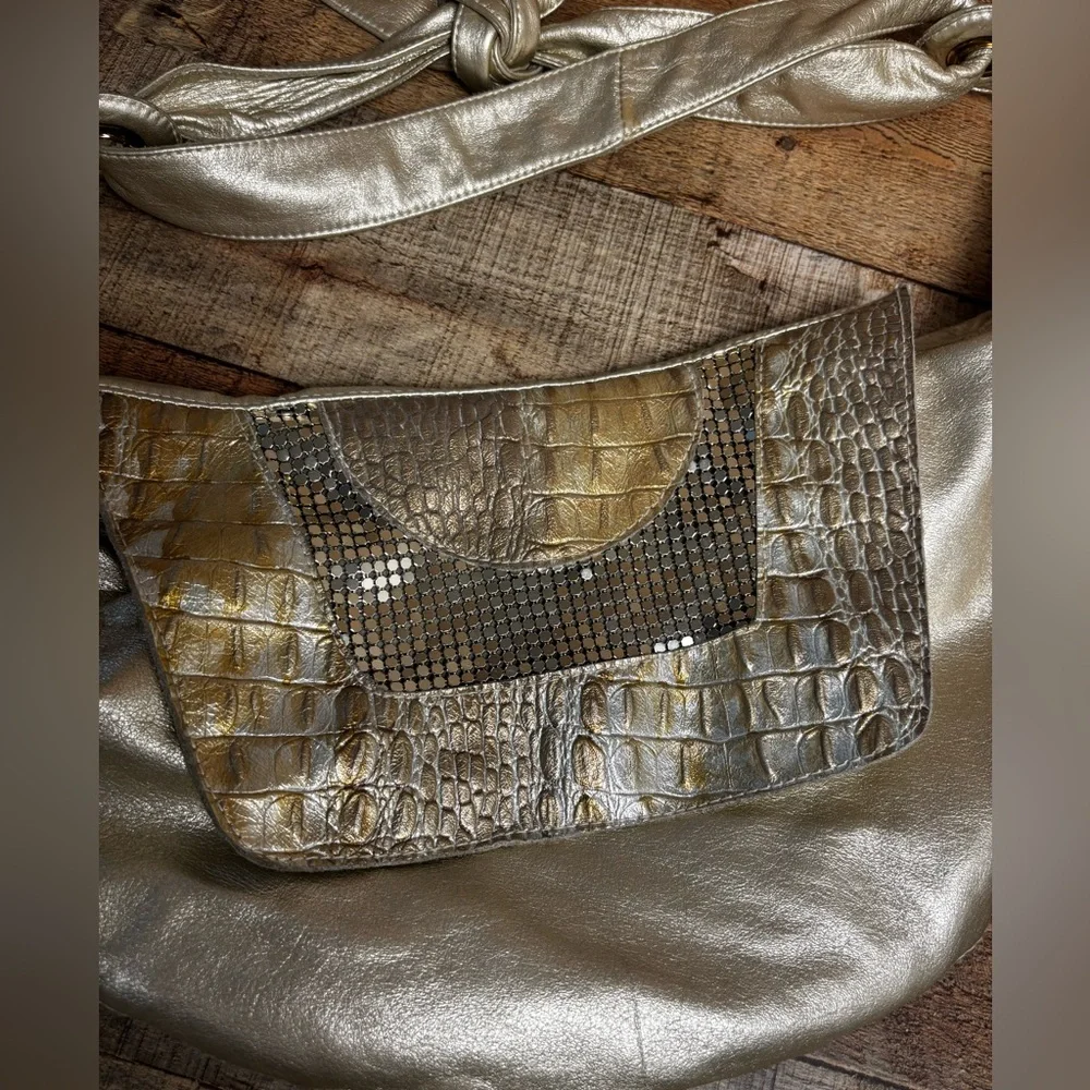 Treesje Y2K Hobo Leather Handbag Metallic Gold Croc Snake Patch Zip Shoulder Bag